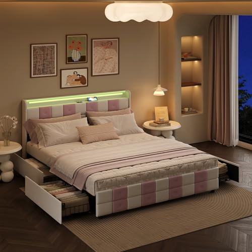 Mutuolux Lit Coffre 140x190 cm Capitonné avec 4 Tiroirs Rangement,Double Adulte Lit avec Sommier à Lattes,Tête de avec Éclairage LED et USB,Velours,Blanc+Rose