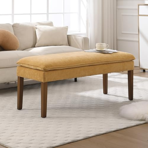 Ya-Home Banquette Rembourrée avec Pied en Bois Banc d'Entrée Moderne en Chenille, Banquette de Lit Designe Banc de Cuisine pour 2 Personnes, Jaune