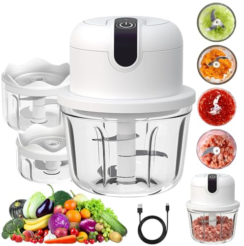 LOMUG Picadora de cebolla eléctrica, mini, 100 + 250 + 350 ml, picadora de verduras, carga USB, inalámbrica, pequeña, picadora de cebolla, cortador de cebolla, eléctrico, mini chopper para carne