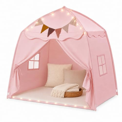 Tienda de campaña de cúpula rosa para interior y exterior, extra grande, plegable, 150 x 100 x 150 cm, tienda de campaña portátil para interior con ventanas, guirnalda de banderines y luz de estrellas