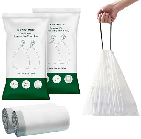 SONGMICS Trash Bags, Drawstring Kitchen Garbage Bags, Pre-Separated, Box-Free Pack, for 8-Gallon (30 L) Trash Cans, Liner Code 30A, 2 Rolls, 90 Count, White UKRB30A02