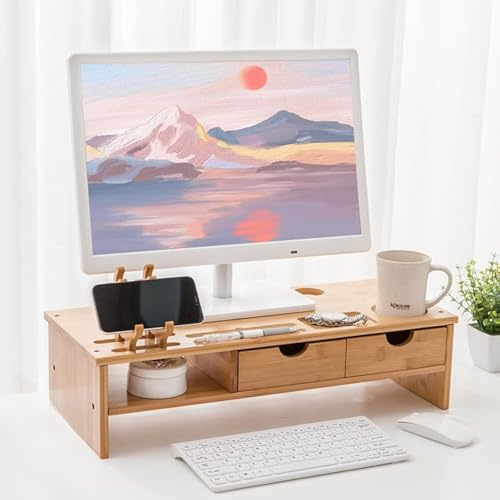 ybaymy Bamboo Monitor Stand, Wooden Laptop Stand with Drawer, Wood Monitor Riser for Desk, Computer Monitor Stand with Smart Phone Holder and Cable Management Hole, Office Supplies, 22x50x14cm