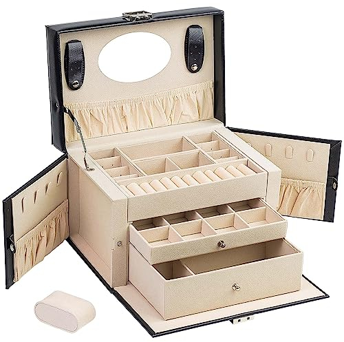 ADEL DREAM Portagioielli con 2 Cassetti Organizer per Gioielli richiudibile con Specchio Custodia da Viaggio Rimovibile per Anelli Bracciali Orecchini Fodera in Velluto Nero