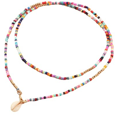 Boho Rainbow Beaded Necklace Layered Neck Chain Multi Color Bead Choker Necklaces Shell Star Butterfly Collar Jewelry Colorful Flower Chain Beach Travel Hawaiian Costume Jewelry-Shell