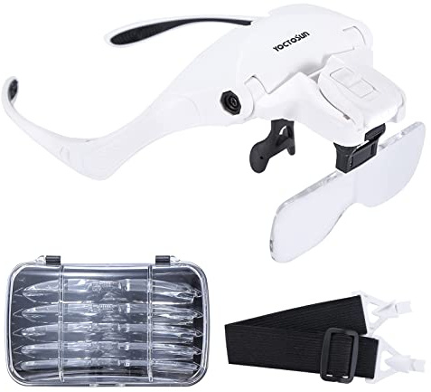YOCTOSUN Head Magnifying Visor with 4 LED Lights and 5 Detachable Lenses 1X, 1.5X, 2X, 2.5X 3.5X - Hands-Free Headband Magnifier Glass for Jewelry, Arts, Crafts and Close Work