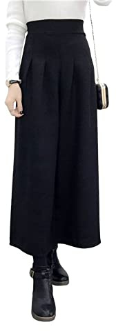 chouyatou Pantaloni da donna invernali a vita alta a gamba larga scozzese misto lana Palazzo Capri pantaloni culottes con tasche, nero, M