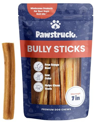 Pawstruck All-Natural 7 Bully Sticks for Dogs - Long Lasting, Rawhide-Free, Low Odor & Grain-Free Dental Chew Treat - Healthy Single Ingredient, 100% Real Beef - 1 lb Bag