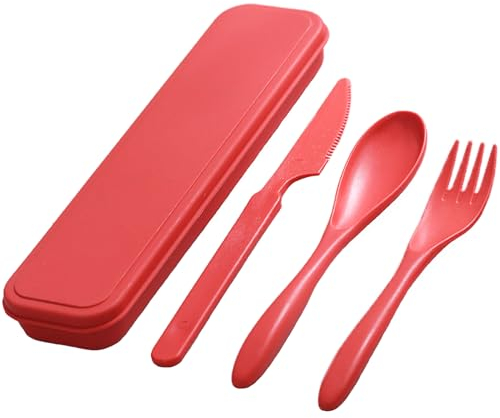 Portable Cutlery Set with Case, Reusable Plastic Knife Fork Spoon Tableware Set, Travel Utensils Set for Camping Picnic Office School or Daily Use (Red)