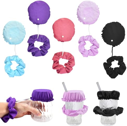KLYNGTSK 5 Stück Scrunchie Getränke Schutz Haarband Getränkeabdeckungen Scrunchie Getränkeschutz mit Strohhalmloch Anti Spike Haargummi Getränkedeckel bunte Getränke Abdeckungen für Tassen Gläser
