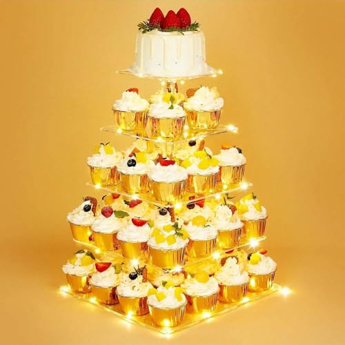 Ulifeme 5 Tier Cupcake Stand Acrylic Square Tower Display + Yellow LED String Light, Cake Holder Dessert Tree Tower for Birthday, Wedding, Graduation, Anniversary & Party, 5 Layer for 15/20/25/30/35cm