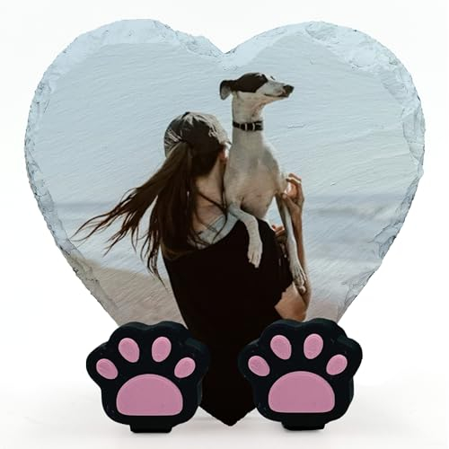 AIGAT Plaque Commémorative Personnalisée en Forme De Cœur avec Support De Patte pour Animal De Compagnie Chat Chien Pierre Tombale en Ardoise - Taille 10x10 cm