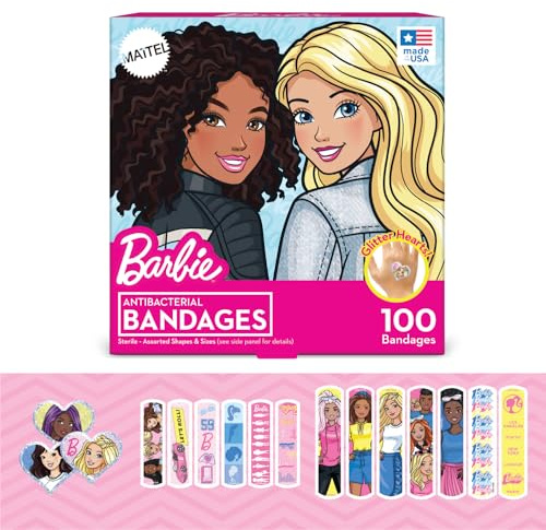 Barbie Antibacterial Kids Bandages, 3 Assorted Sizes 100 CT | Wear Like Stickers, Flexible Adhesive Bandages for Minor Cuts, Scrapes, and Burns. Great Gift idea for Kids