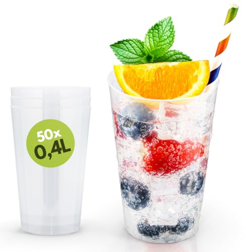 Trinklicht Lot de 50 gobelets plastique reutilisable 40cl | verre plastique reutilisable 0,4L | résiste au lave-vaisselle, incassable | Gobelets pour fêtes, anniversaires, événements