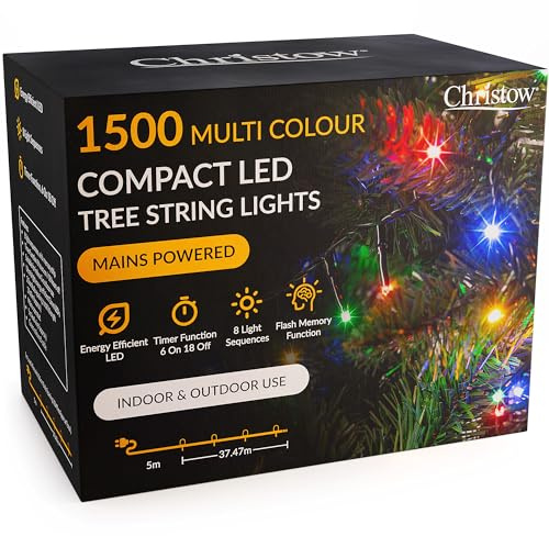 CHRISTOW 8ft Christmas Tree Lights, 1500 Multi-Coloured LED Fairy Lights with Timer, 8 Light Modes, Energy Efficient 3mm LEDs, Indoor & Outdoor, Mains Powered, Green Cable (34.47 Lit Length)