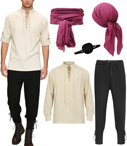 Ginkago Piratenkostüm Set Piraten Augenklappe Mittelalter Hemd Hose Herren Piratentuch Mittelalter Kostüm Set Faschingskostüme Für Karneval, Halloween und Cosplay Partys (Khaki, L)