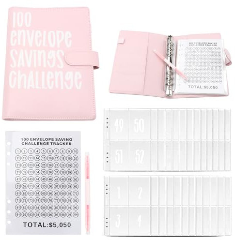 SHMSHNG 100 Envelope Saving Challenge, Geld Sparen Buch, Sparchallenge Geldsparmappe, Haushaltsbuch mit Geldfächer, A5 Loseblattwerk mit Markern, Rosa
