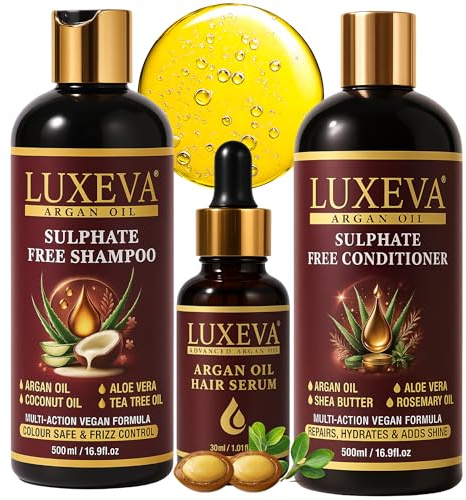 LUXEVA 3 in 1 Professional Argan Oil Sulphate Free Hair Shampoo and Conditioner Sets + Argan Oil | Damage Repair, Frizz Control & Shine – Salon-Quality, 72-Hour Transformation for Colour-Treated Hair