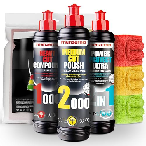 Menzerna Autopolitur Set | Heavy Cut Compound 1000 + Medium Cut Politur 2000 + Power Protect Ultra 2in1 Lackversiegelung + 3 Poliertücher | Auto Polierset