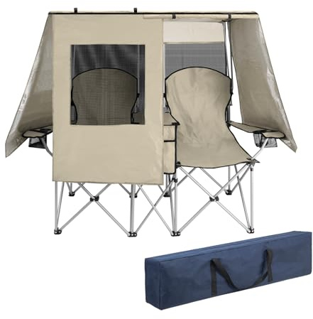 BESTHLS Double Camping Chair with Canopy Shade - Heavy Duty 600D Outdoor Loveseat for Adults, 2-Person Beach Chair with Umbrella, Folding Camp Loveseat for Fishing, Sports, Patio (White)