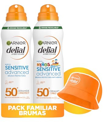 Garnier Delial Edición Limitada Pack Brumas con Regalo: Bruma Solar Adulto Muy Alta Protección FPS 50+ 150 ml + Bruma Solar Niño Muy Alta Protección FPS 50+ 150 ml + Gorro Delial de Regalo