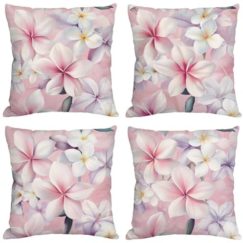 Coussin Exterieur Impermeable Rose Lot de 4 Housse Coussin 45x45 cm Laurier Rose Velours Double Face Impression Cushion Covers avec Fermeture Éclair Invisible Désign, Decoration Jardin Exterieur z-655