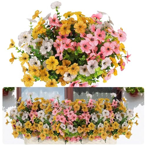 msymsyu Flores artificiales de eucalipto violeta de 36 cm, 7 paquetes de plantas artificiales para decoración de bodas, fiestas, interiores y exteriores, flores artificiales (amarillo, rosa y blanco)