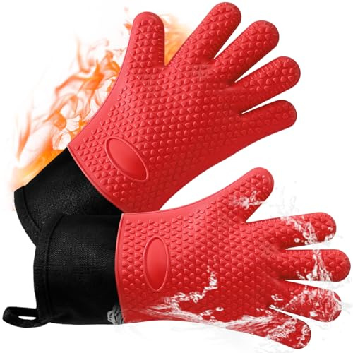 AMFUN Guantes para Horno, Resistentes Al Calor De 240°c, Antideslizantes Guantes Horno Silicona con Forro Interior de algodón Suave, Guantes de Cocina Resistentes al Calor- Extendido (Rojo