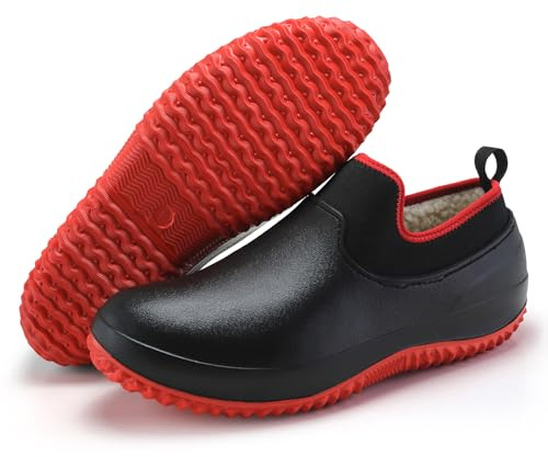 FLIOZY Zoccoli da giardino unisex foderati – Scarpe da giardino invernali impermeabili da uomo e donna, in pile caldo antiscivolo per interni ed esterni, nero/rosso, 42 EU