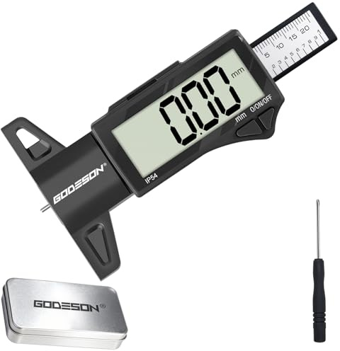 GODESON Spessimetro per Pneumatici Digitale, Intervallo 0-25,4mm/1 Pollici, Impermeabile IP54 Misuratore di Profondità con Ampio Display LCD, per Auto, Moto e Vans