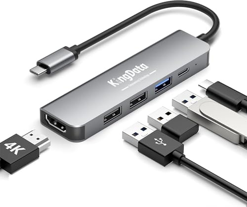 KingData USB C-hub, 5-i-1 USB-C multiport-adapter med 100 W Max PD, 4K HDMI, 3 USB-A-dataportar, aluminiumtyp C-hubb för M1/M2 MacBook Air, iPhone 15 16 17 Pro/Pro Max, Galaxy, Surface Go, XPS, iPad