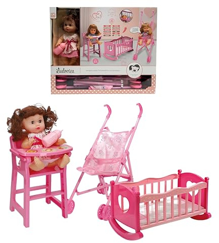 Bambola Parlante Beve Fa Pipì con Passeggino Culla Lettino Seggiolone Biberon Maxi Set 3in1 Bambolotto con Suoni Reali Piange Ride Chiama Mamma Papà 12 Suoni Dorme Ciuccia Emette Suoni Come Vero Bimbo
