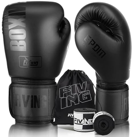 FIVING Boxing Gloves with Hand Wraps for Men and Women, Kickboxing, Mixed Martial Arts, Muay Thai, MMA, Heavy Bag Training (Black, 14oz)