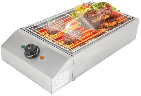Barbacoa eléctrica de 2600 W con parrilla de acero inoxidable, parrilla eléctrica comercial, 54 cm, revestimiento antiadherente, termostato regulable, bandeja colectora de grasa para 5 – 10 personas
