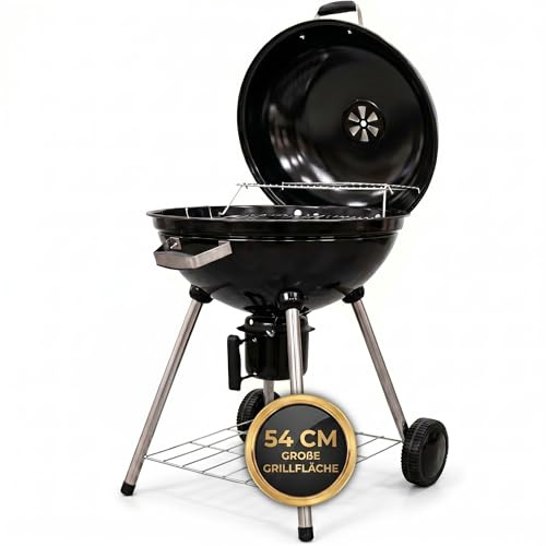 Kulgrill 54 cm träkolgrill med lock och termisk luftreglering – stor grillyta Ø 54 cm – mobil BBQ grill med askbehållare och hylla – träkol stående grill för trädgård och terrass