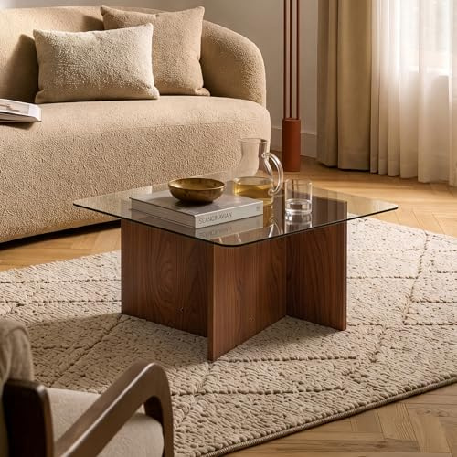 [en.casa] Tavolino da Salotto con Piano Quadrato in Vetro Fumé Temperato Tavolo Basso Centrale da Caffè 70 x 70 x 36 cm per Soggiorno Living Studio - Effetto Noce/Grigio
