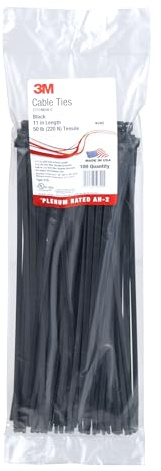 3M Cable Tie CT11BK50-C, Black, 50 lb, 11, Bag of 100 Nylon Cable Ties, Curved tip Allows for Faster Threading and Installation