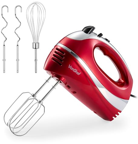 VonShef Hand Mixer Electric Whisk – Food Mixer for Baking with 5 Speeds, 300W, 2 Stainless Steel Beaters, 2 Dough Hooks & Balloon Whisk, Easy Clean, Turbo Boost, Eject Button, Compact – Red