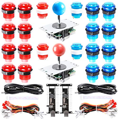 Easyget LED Arcade DIY Parts 2x Zero Delay USB Encoder + 2x 8 Way Joystick + 20x LED Illuminated Push Buttons for Mame Jamma Arcade Project Red + Blue Kits