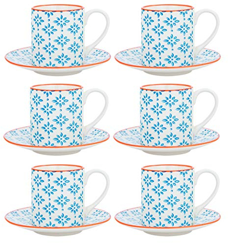 Nicola Spring 12 Piece Hand-Printed Espresso Cup & Saucer Set - 65ml - Blue - Herbal Tea Coffee Mugs with Plates