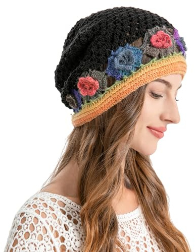 ZLYC Women's Summer Knitted Hats Handmade Crochet Slouch Beanie Hat, Colorful Flower Black, One Size