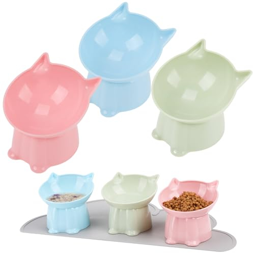 3 Pcs Raised Cat Bowl with Silicone Pet Feeding Mat, Tilted Elevated Cat Bowls Anti Vomit Cat Feeding Bowls Neck Protective Bowl Non-Slip Cat Food Mat Cat Food Bowl for Pets Cats Dry Wet Food