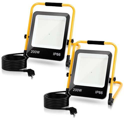 Jiubiaz LED Baustrahler 100W 10000LM Baustellenlampe IP66 Wasserdicht Arbeitsleuchte Strahler 6000K Kaltweiß Bauscheinwerfer 3M Kabel und Faltbarer Ständer für Baustelle Garage Werkstatt（2 Stücke)