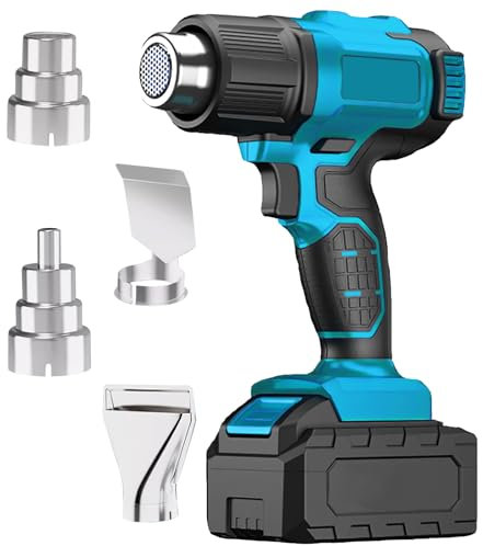 Caossuixin Cordless Heat Gun for 18-20V Battery, （No Battery）Cordless hot air Gun with 2 Stage Air Volume Settings, Temperature Up to 550 °C & with 3 Nozzles for Welding, Bending Pipes (Blue)