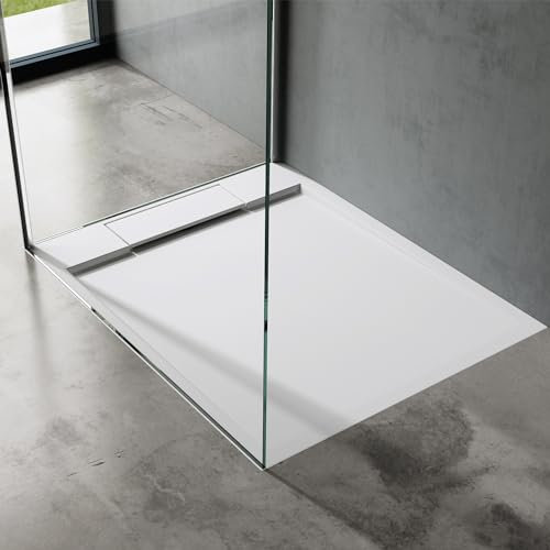 doporro Duschtasse Duschwanne 80x90x4 flach Mineralguss in Weiß inkl. Ablaufgarnitur AL06 DIN-Anschlüsse für bodenebene Montage geeignet Geoma04