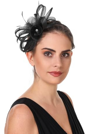 Haoijng Fascinators Hat for Women Cocktail Tea Party Headwear Flower Mesh Ribbon Feathers Headband (UK, Alpha, M, B5-Black)