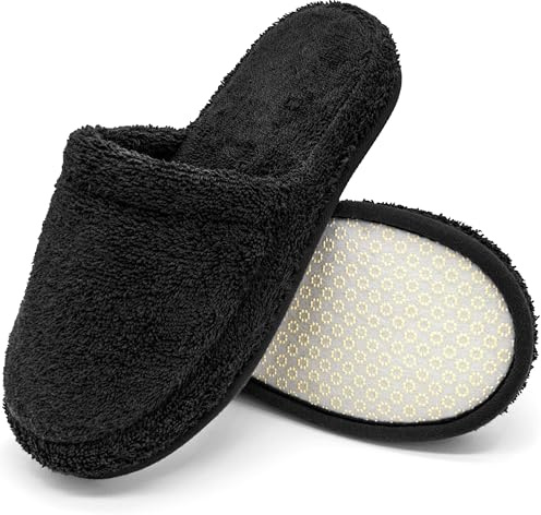 Zapatillas de baño de Rizo – Pantuflas de Invitados de algodón con Espuma viscoelástica, Antideslizantes, Lavables – para Hotel, SPA, Sauna – Negro, 43-46, BL-2