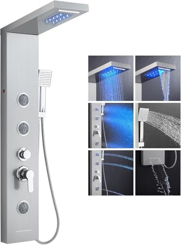 LIFFSSDG Duschpaneel mit Armatur, 6 Funktionen Duschpaneel mit LED Regen&Wasserfall Dusche, 3 Massagedüsen, Handbrause und Wasserfall Wanneneinlauf, Duschsäule aus Edelstahl Gebürstet