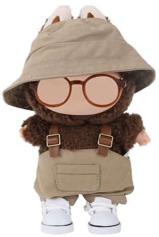 BOXOB 4pcs Doll Clothes Set, Stylish Bucket Hat Bib Overall Shoes & Glasses Complete Outfit Set for 15cm/17cm Plush Doll Clothing Accessories (Khaki)