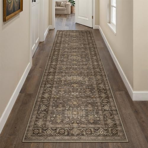 WondRg 2x14 Washable Runner Rug for Hallway Kitchen Vintage Brown Non Slip Low Pile Carpet Traditional Retro Soft Throw Rug for Bathroom Bedroom Entryway Indoor Entrance