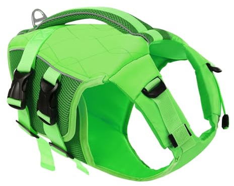 KONVINIT Giubbotto di Salvataggio per Cani, Giubbotto Salvagente Cane Taglia Regolabile con Maniglia e Strisce Riflettenti, Verde, M